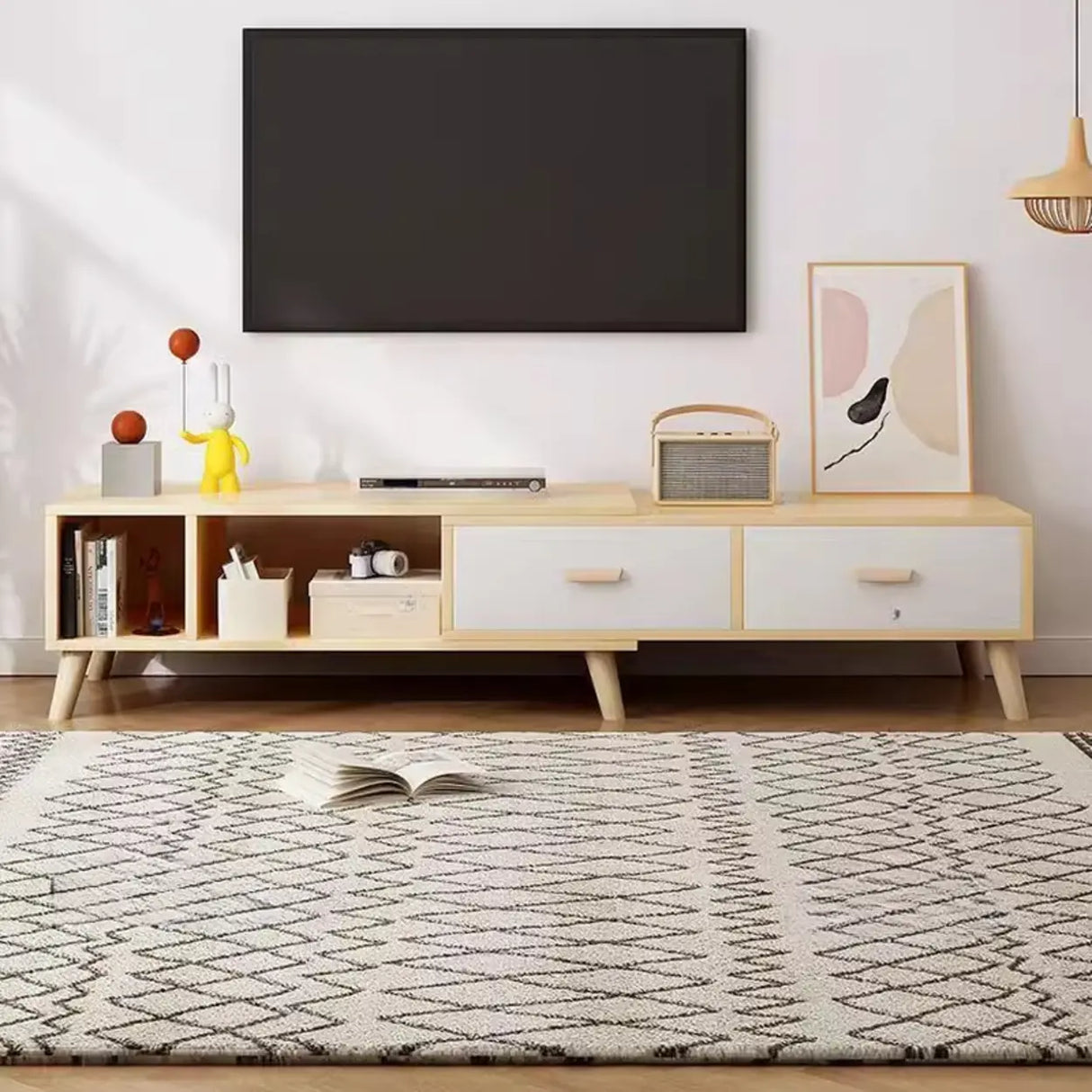 Natural Finish Wood Rectangle Two Drawers TV Stand Image - 8