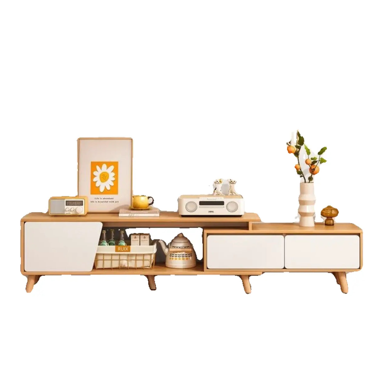 Natural Finish Wood Rectangle Two Drawers TV Stand Image - 9