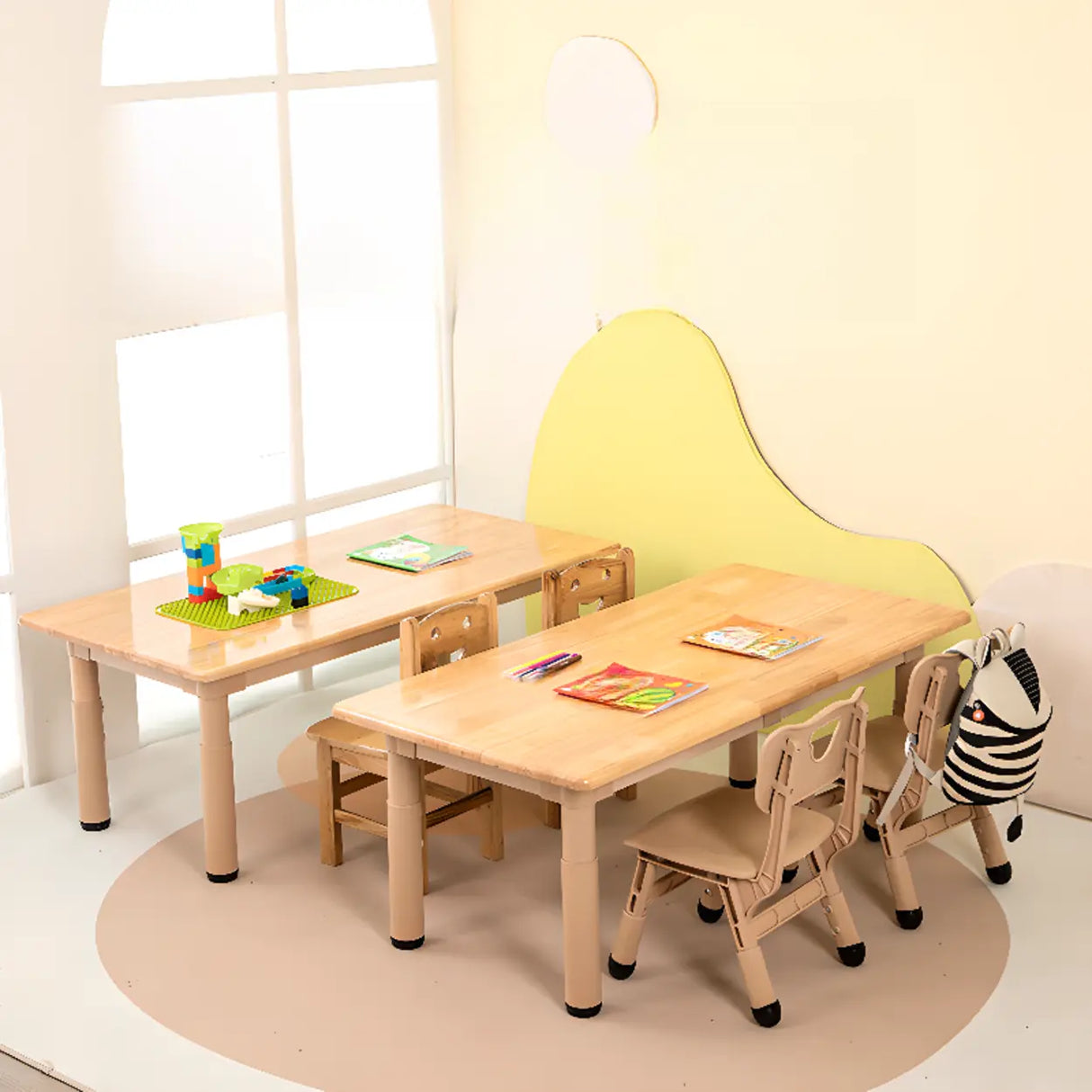 Natural Finish Wood Rectangular Double Kids Desk Image - 1