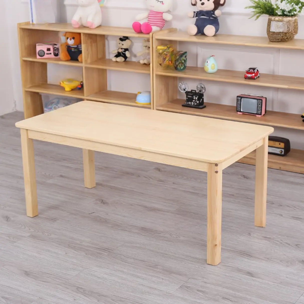 Natural Finish Wood Rectangular Double Kids Desk Image - 5