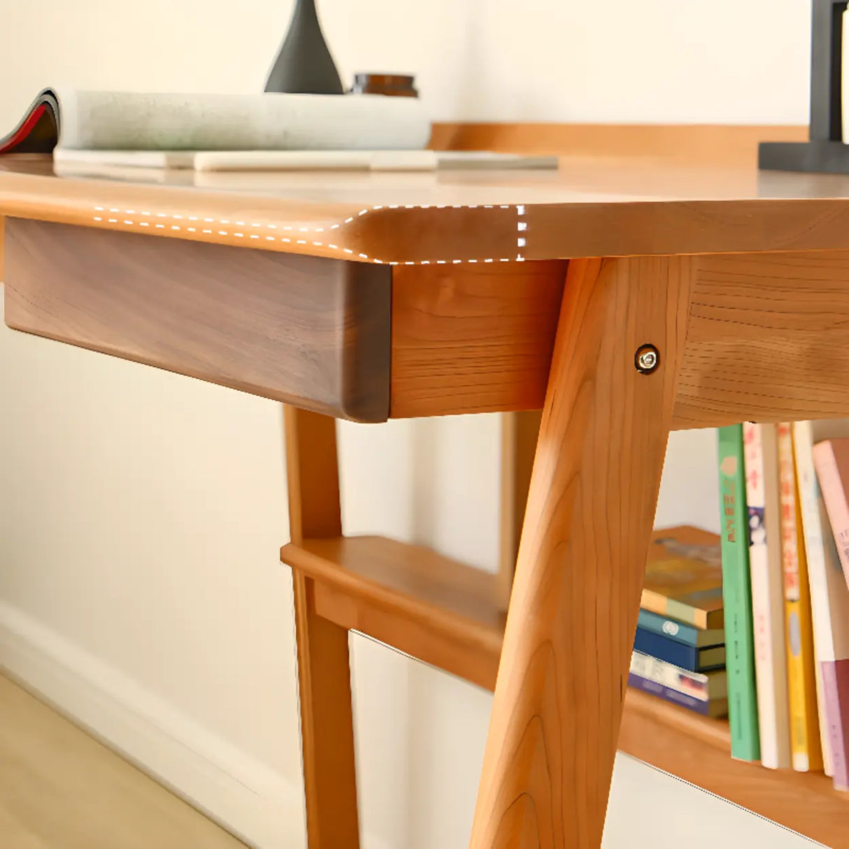 Natural Finish Wood Shelf Butcher Block Kids Desk Image - 10