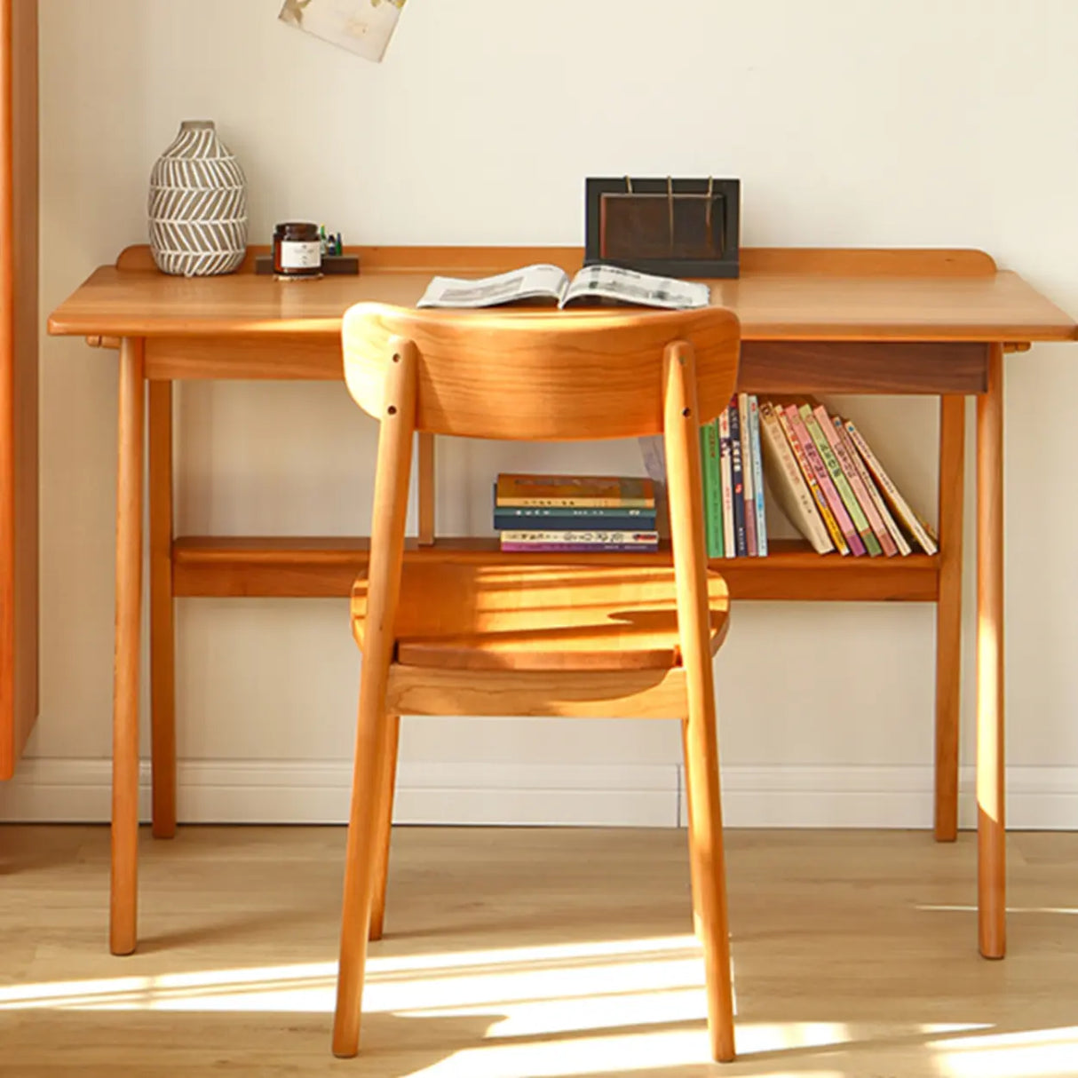 Natural Finish Wood Shelf Butcher Block Kids Desk Image - 1
