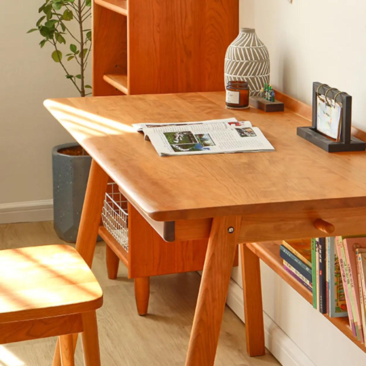 Natural Finish Wood Shelf Butcher Block Kids Desk Image - 4