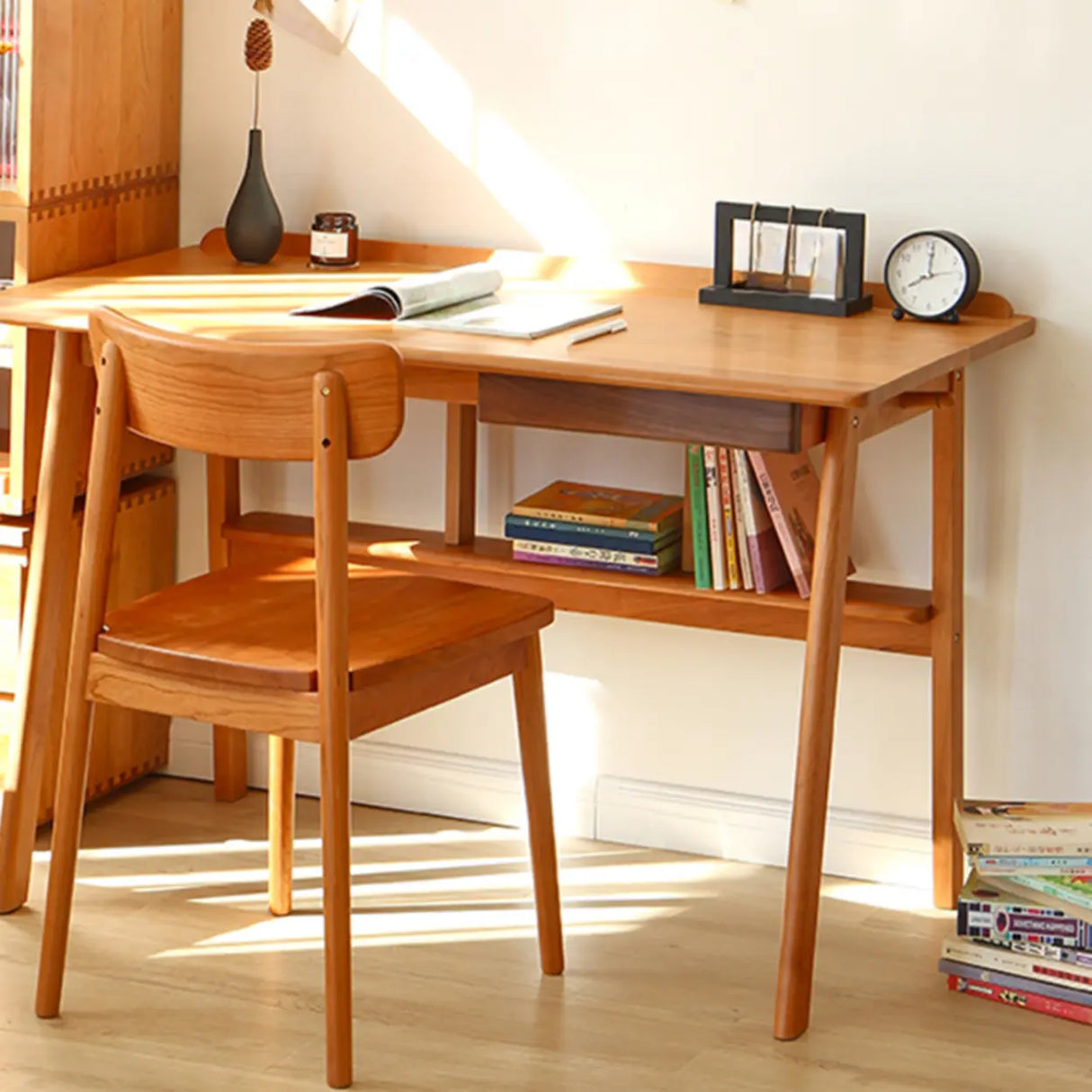 Natural Finish Wood Shelf Butcher Block Kids Desk Image - 6