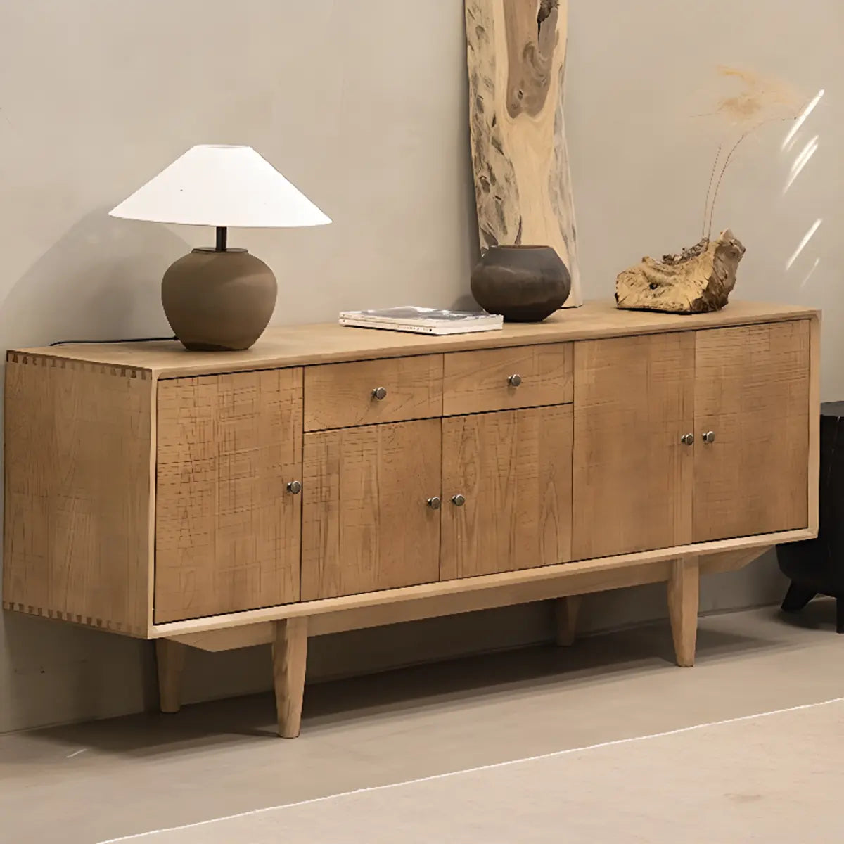 Natural Finish Wood Shelves Drawers Long TV Stand Image - 1