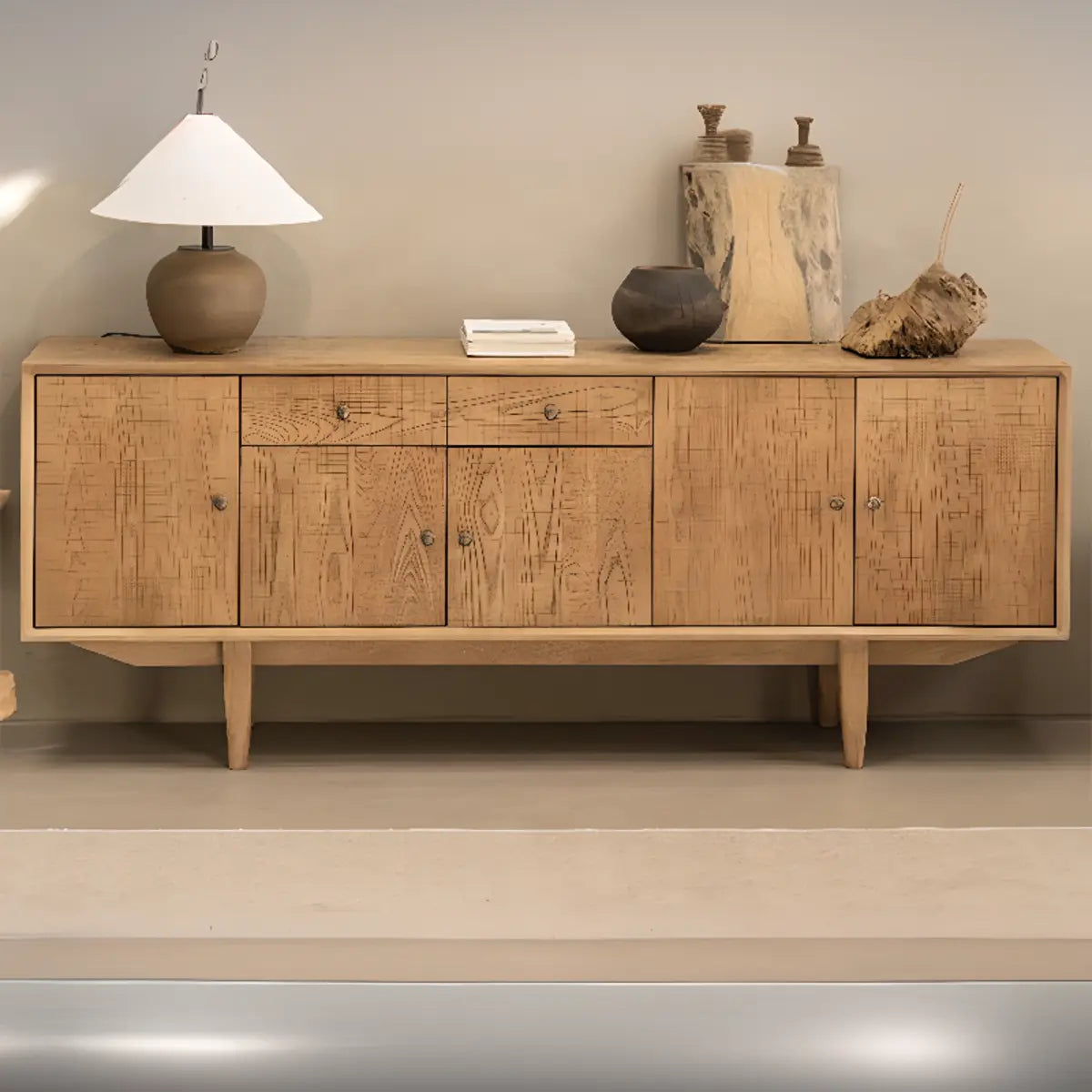 Natural Finish Wood Shelves Drawers Long TV Stand Image - 2