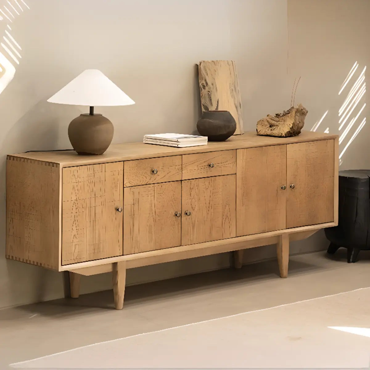 Natural Finish Wood Shelves Drawers Long TV Stand Image - 3