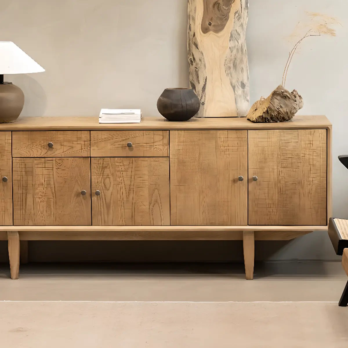 Natural Finish Wood Shelves Drawers Long TV Stand Image - 4