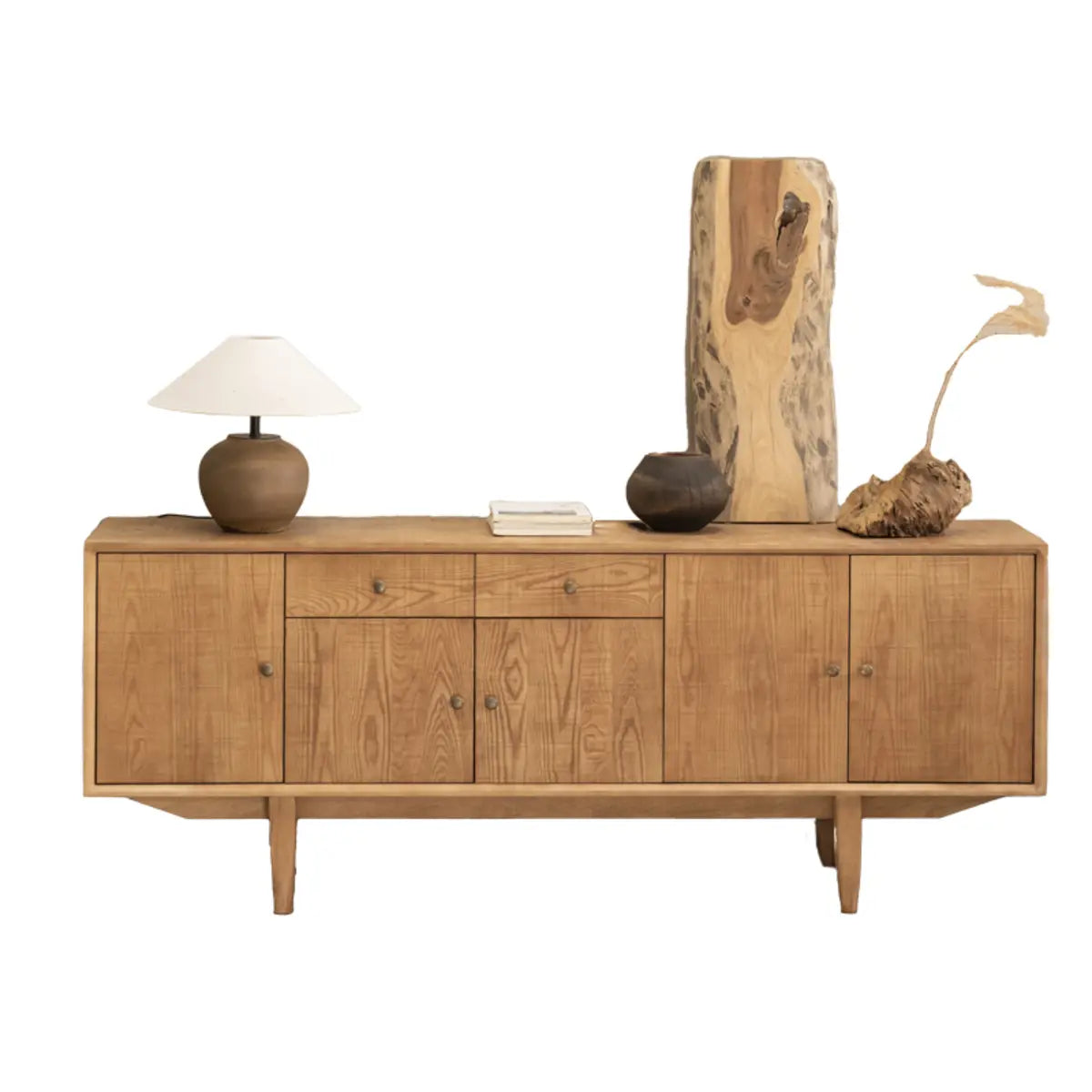 Natural Finish Wood Shelves Drawers Long TV Stand Image - 5