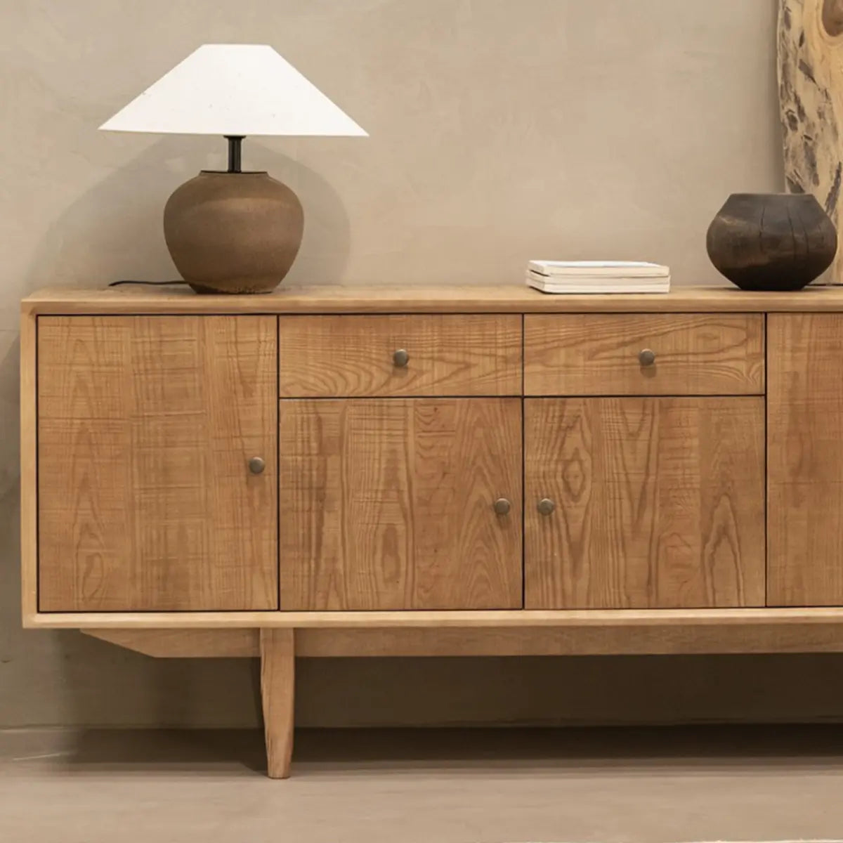 Natural Finish Wood Shelves Drawers Long TV Stand Image - 6