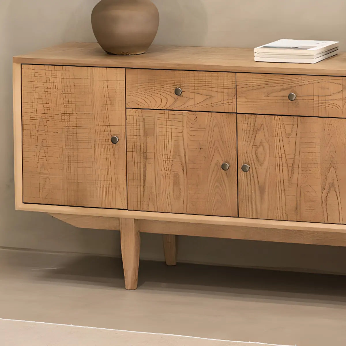 Natural Finish Wood Shelves Drawers Long TV Stand Image - 7