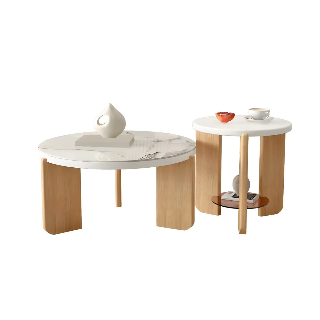 Natural Finish Wood Three-Leg Round Coffee Table Set Image - 3