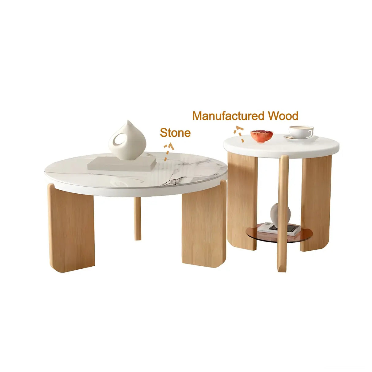 Natural Finish Wood Three-Leg Round Coffee Table Set Image - 4