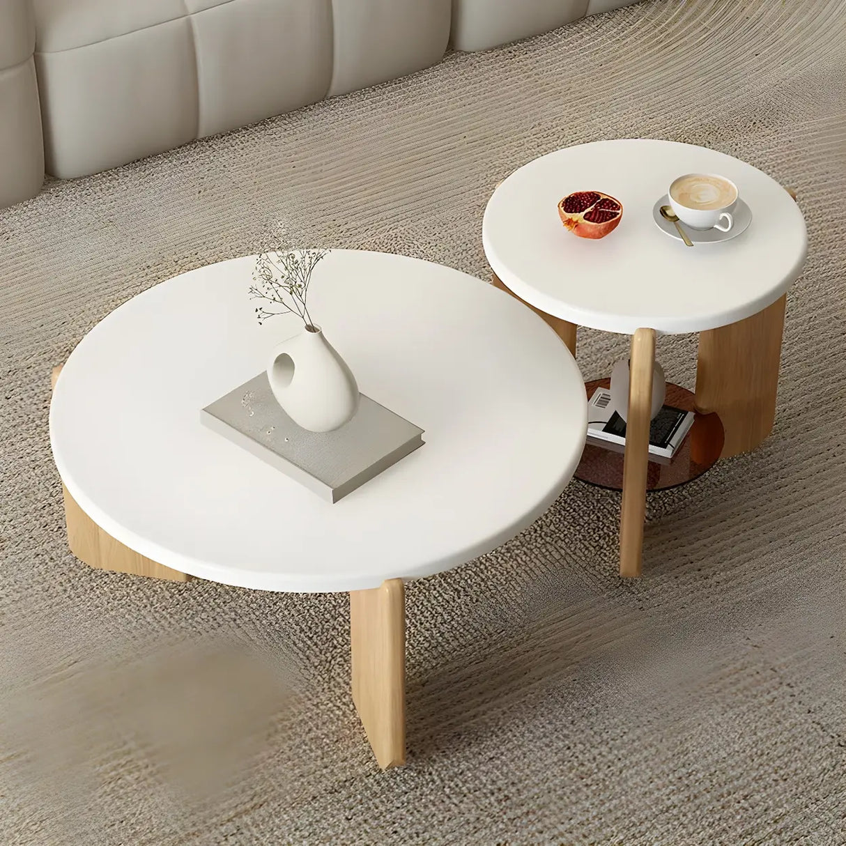 Natural Finish Wood Three-Leg Round Coffee Table Set Image - 4