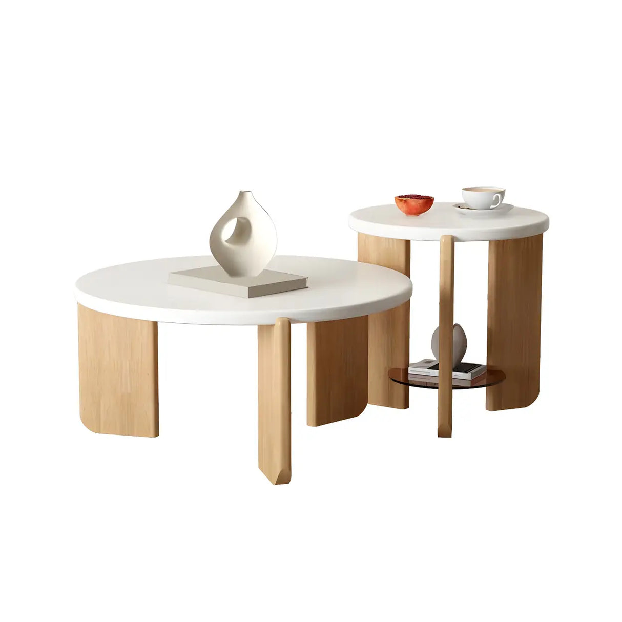 Natural Finish Wood Three-Leg Round Coffee Table Set Image - 9