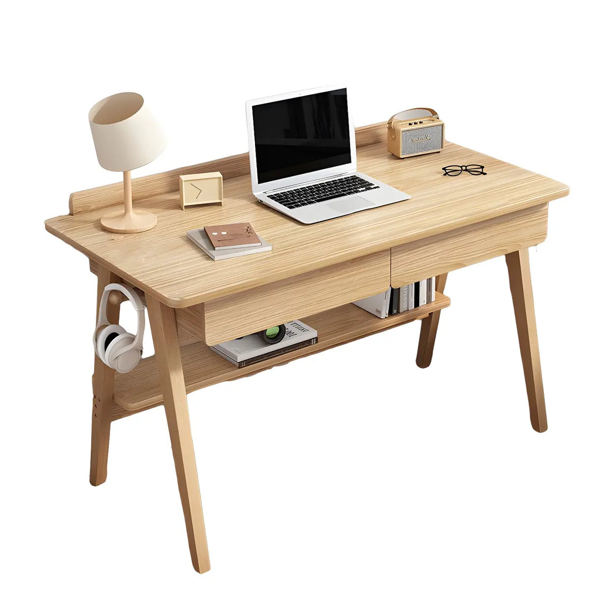 Natural Finish Wood Trestle Writing Desk with 2 Drawers Image - 10