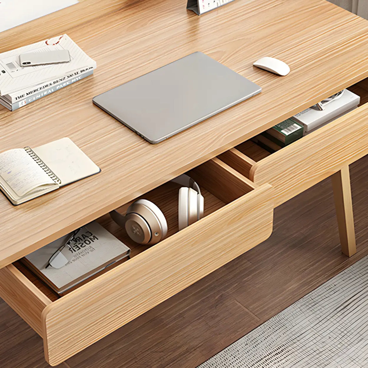 Natural Finish Wood Trestle Writing Desk with 2 Drawers Image - 12