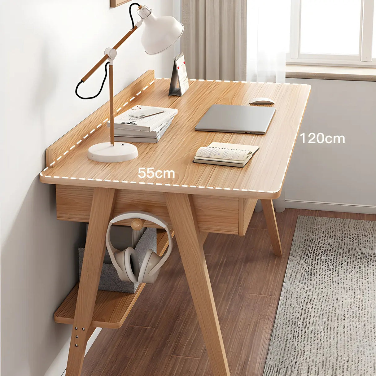 Natural Finish Wood Trestle Writing Desk with 2 Drawers Image - 13