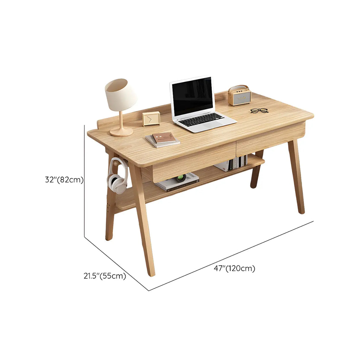 Natural Finish Wood Trestle Writing Desk with 2 Drawers Image - 18