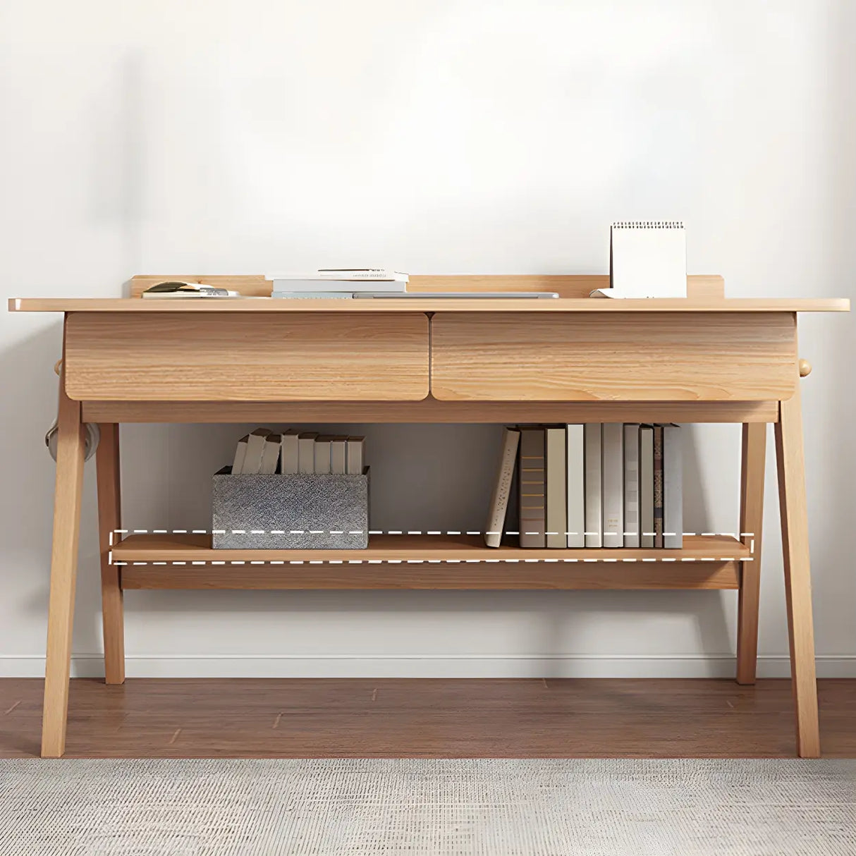 Natural Finish Wood Trestle Writing Desk with 2 Drawers Image - 4