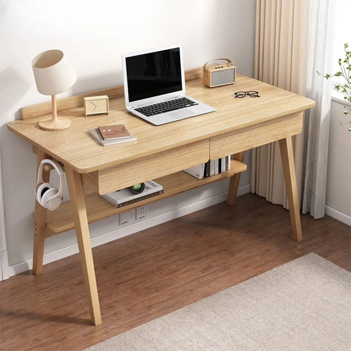 Natural Finish Wood Trestle Writing Desk with 2 Drawers Image - 5