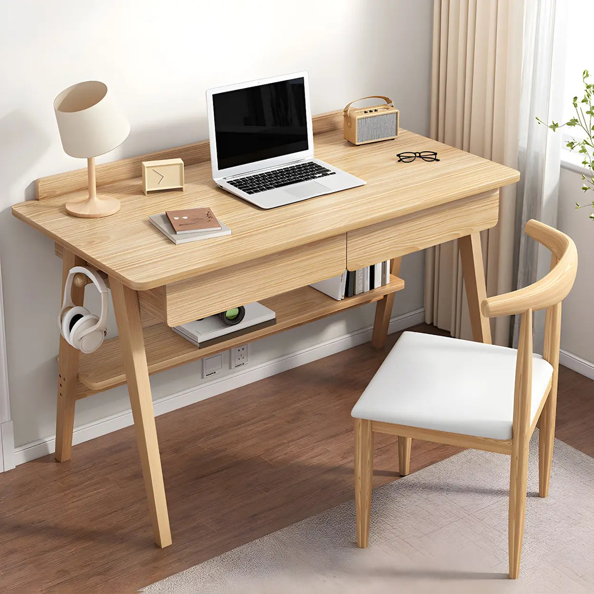 Natural Finish Wood Trestle Writing Desk with 2 Drawers Image - 6