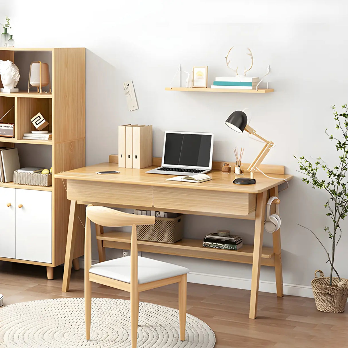 Natural Finish Wood Trestle Writing Desk with 2 Drawers Image - 8