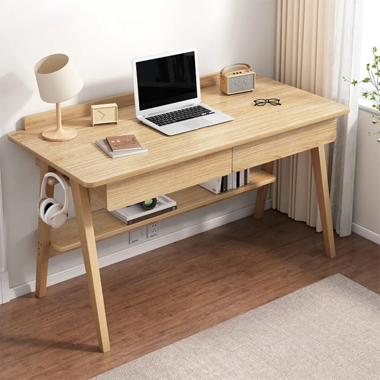 Natural Finish Wood Trestle Writing Desk with 2 Drawers Image - 9