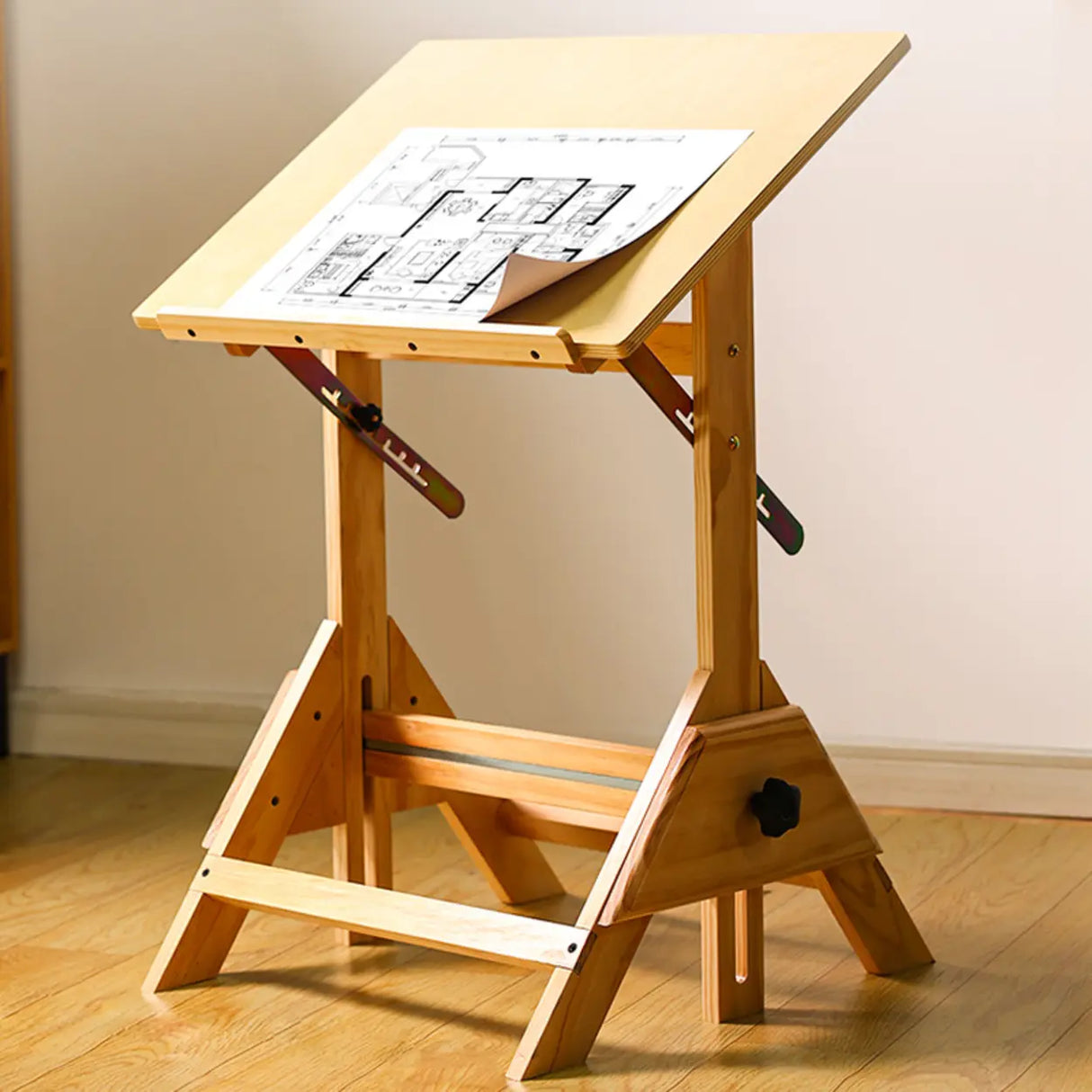 Natural Finish Wooden Foldable Adjustable Drafting Desk Image - 1
