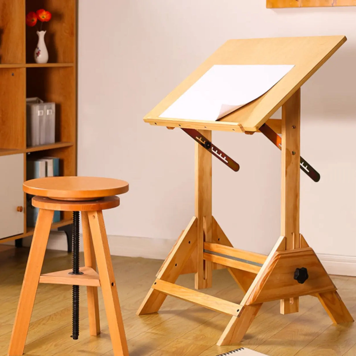 Natural Finish Wooden Foldable Adjustable Drafting Desk Image - 3