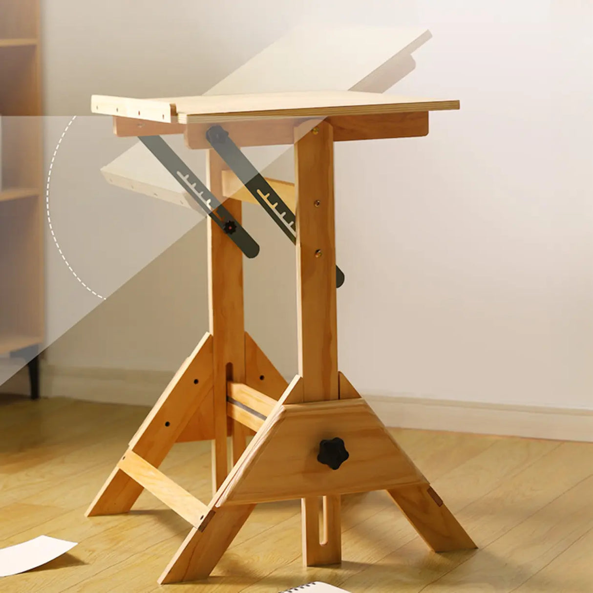 Natural Finish Wooden Foldable Adjustable Drafting Desk Image - 4