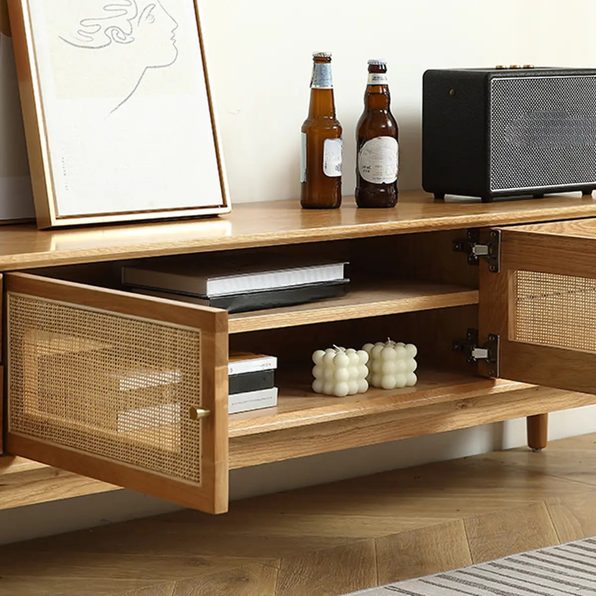 Natural Finish Wooden TV Stand with Cabinet Drawers Image - 10