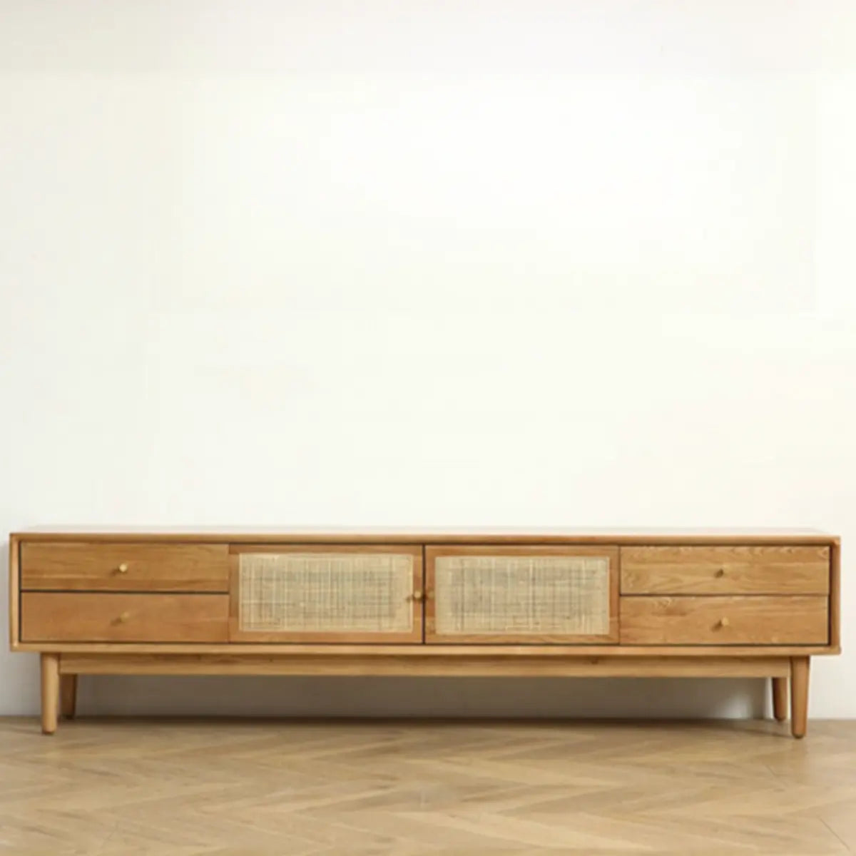 Natural Finish Wooden TV Stand with Cabinet Drawers Image - 3