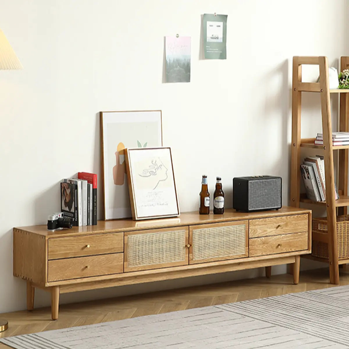 Natural Finish Wooden TV Stand with Cabinet Drawers Image - 4