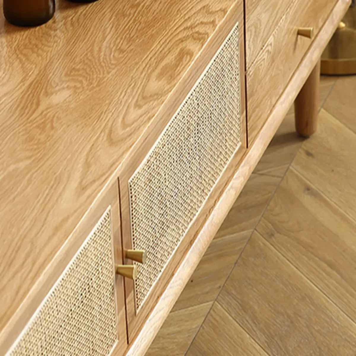 Natural Finish Wooden TV Stand with Cabinet Drawers Image - 6