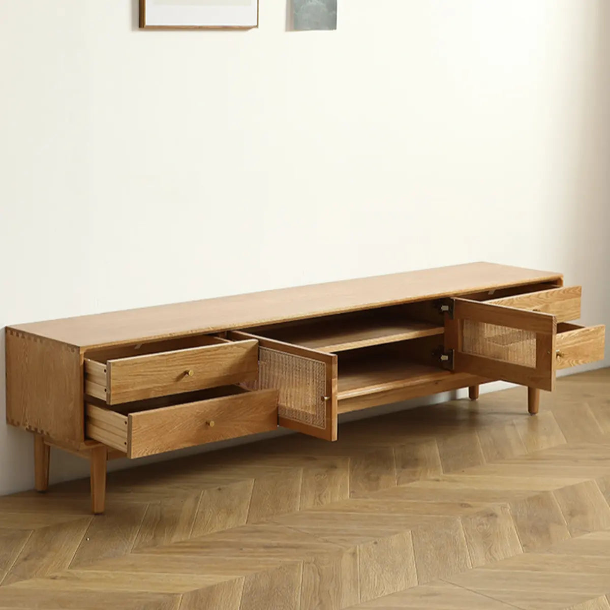 Natural Finish Wooden TV Stand with Cabinet Drawers Image - 7