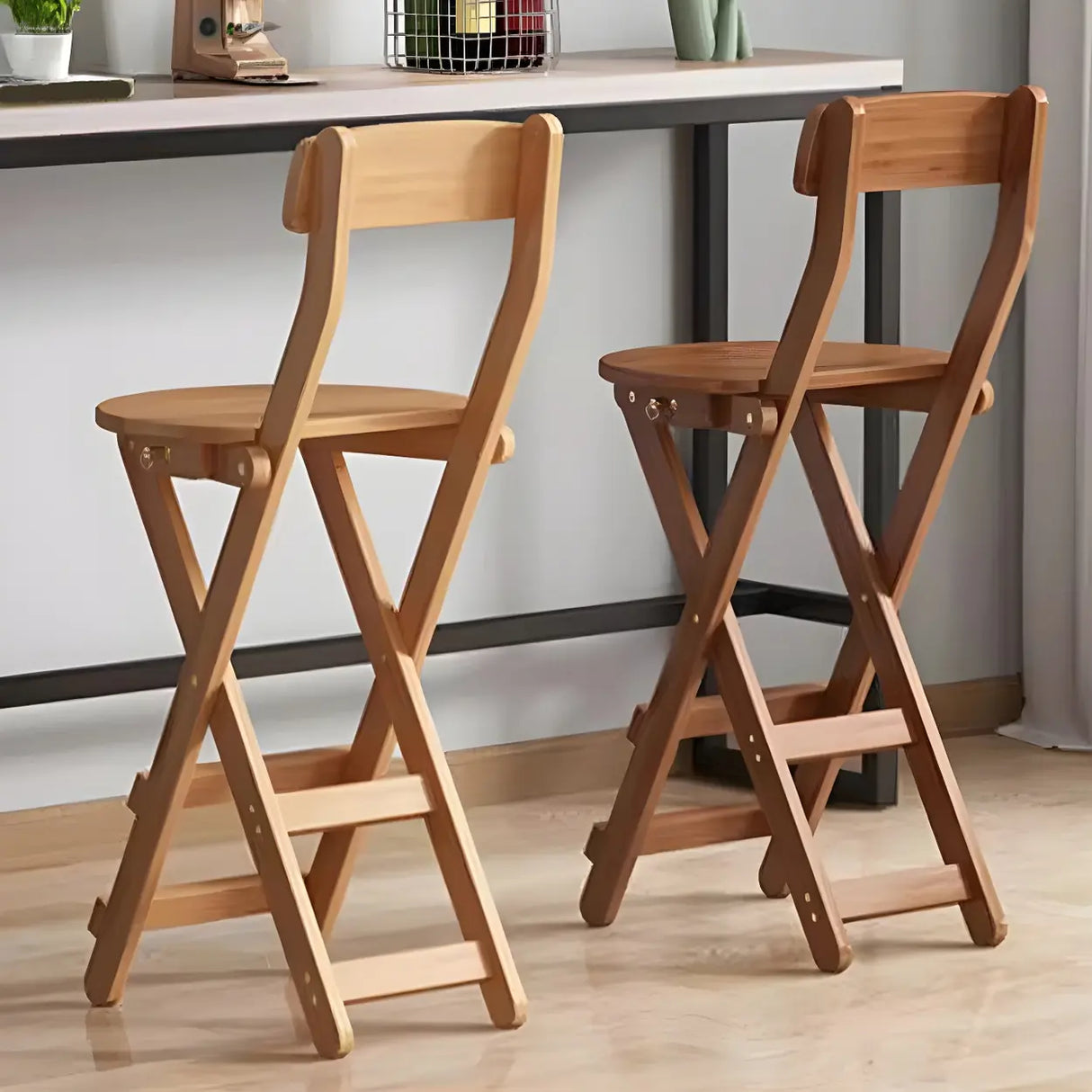 Natural Foldable Round Wood Armless Bar Stool With Footrest Image - 12