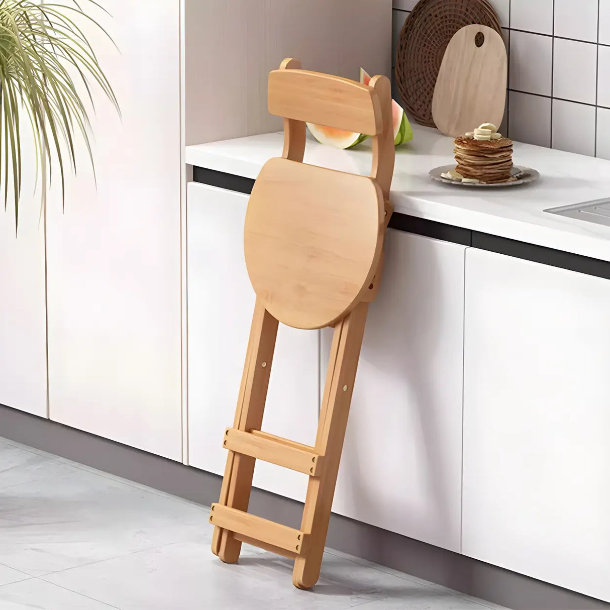 Natural Foldable Round Wood Armless Bar Stool With Footrest Image - 13