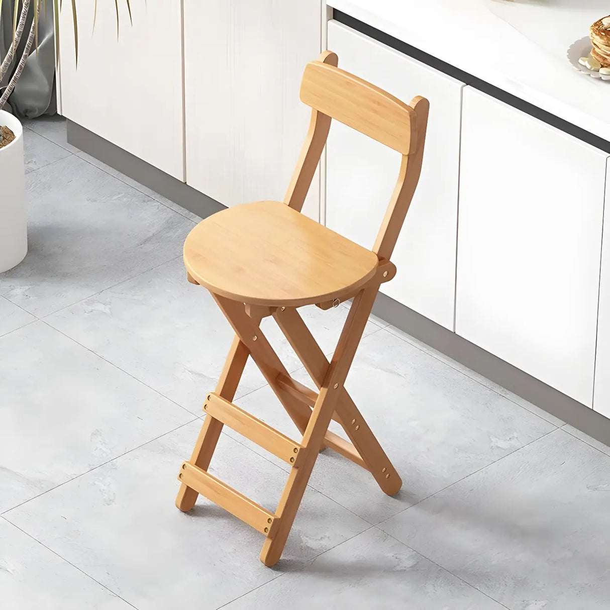 Natural Foldable Round Wood Armless Bar Stool With Footrest Image - 4