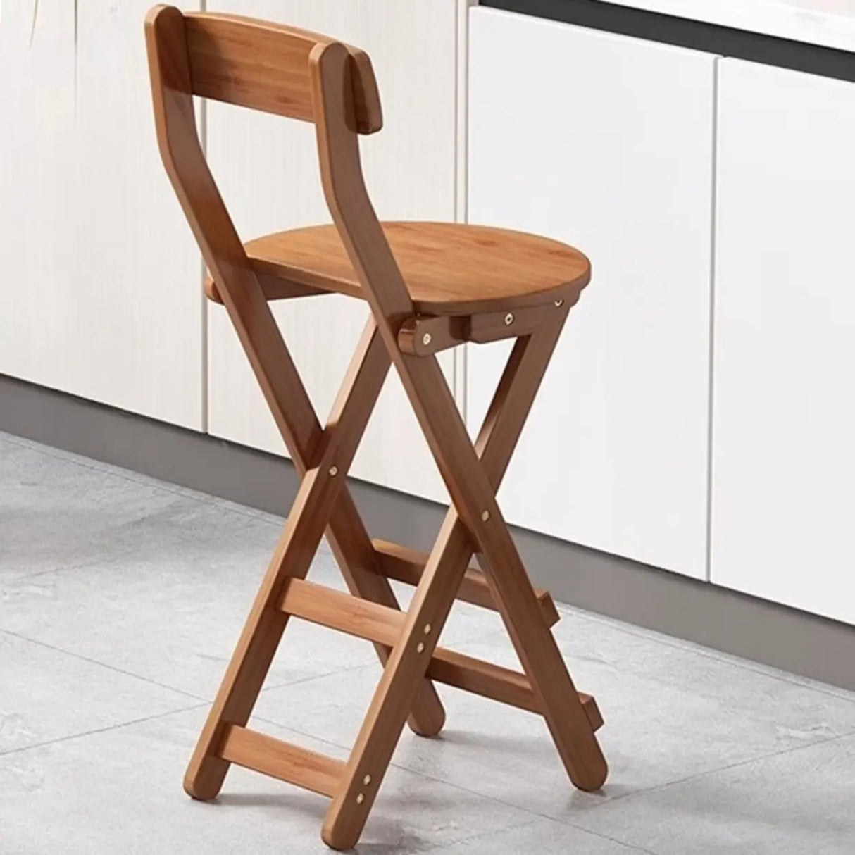 Natural Foldable Round Wood Armless Bar Stool With Footrest Image - 5