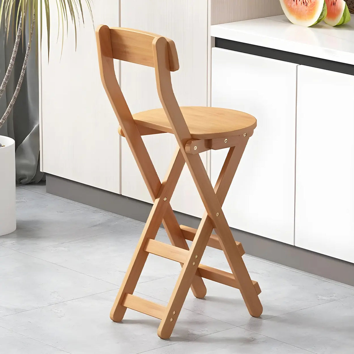 Natural Foldable Round Wood Armless Bar Stool With Footrest Image - 6