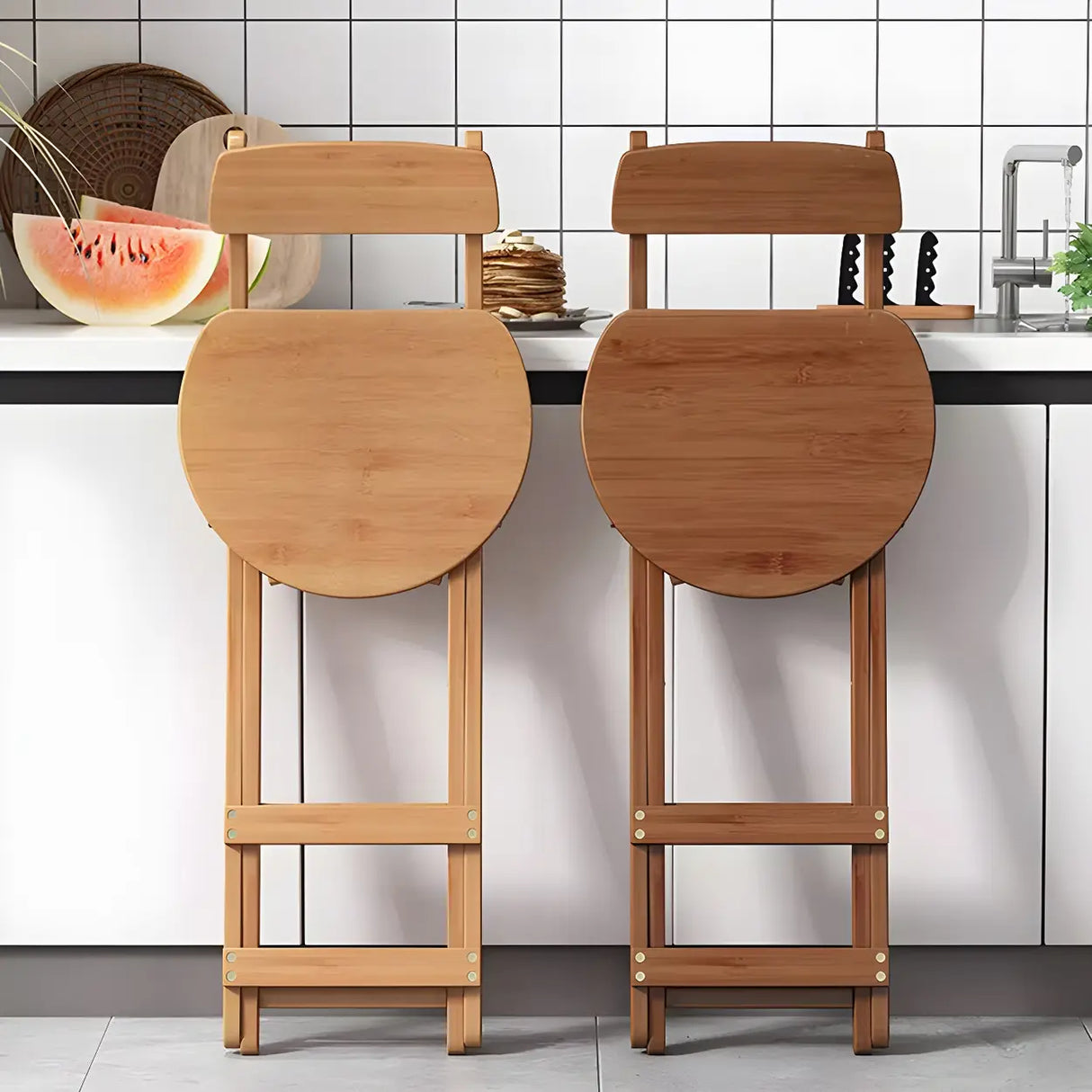 Natural Foldable Round Wood Armless Bar Stool With Footrest Image - 8