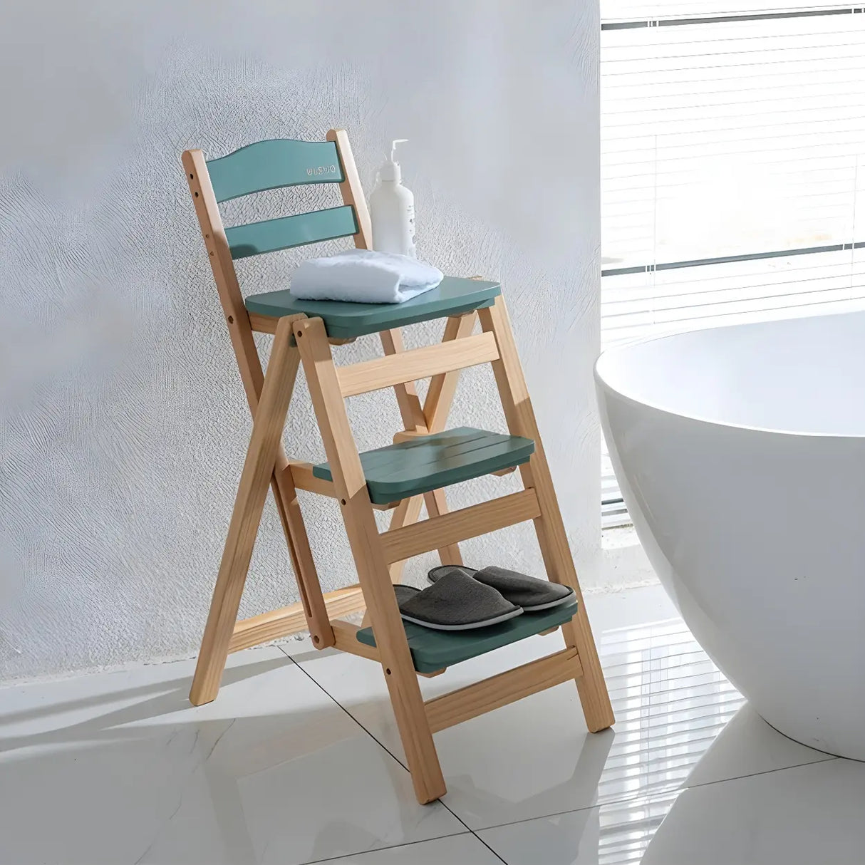 Natural Folding Square Wood Ladder Chair Bar Stool Image - 1