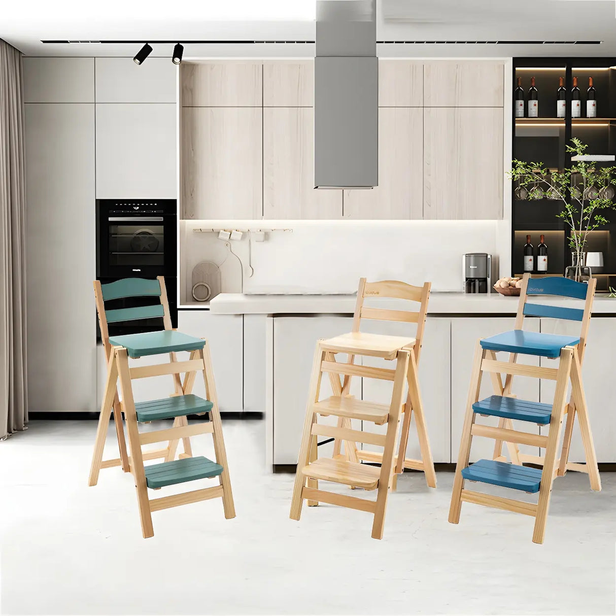 Natural Folding Square Wood Ladder Chair Bar Stool Image - 4