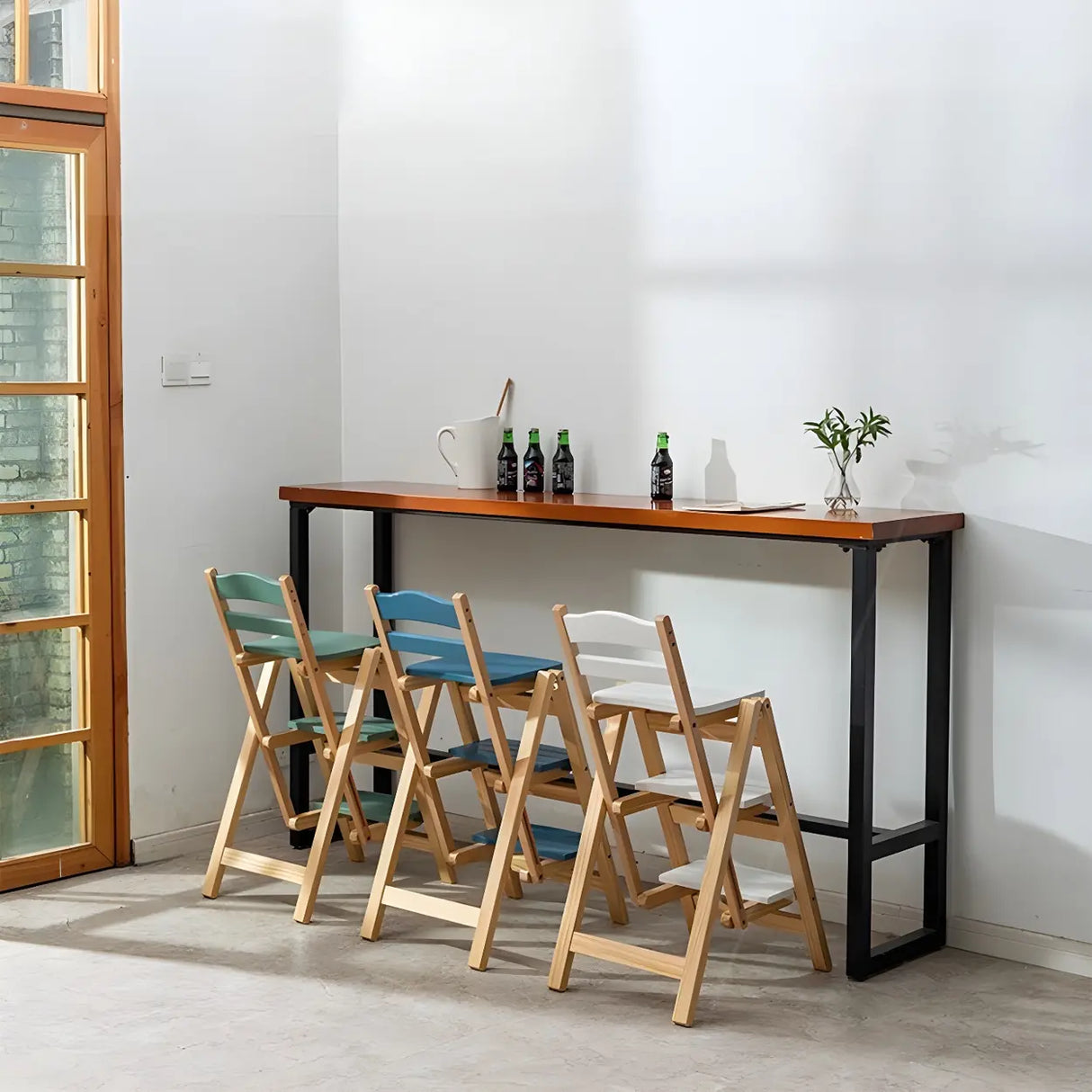 Natural Folding Square Wood Ladder Chair Bar Stool Image - 6