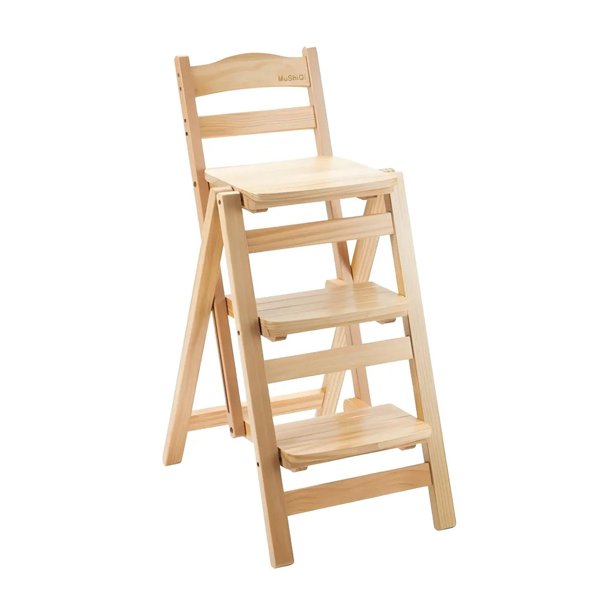 Natural Folding Square Wood Ladder Chair Bar Stool Image - 7