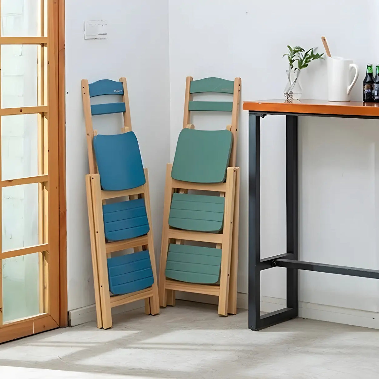 Natural Folding Square Wood Ladder Chair Bar Stool Image - 8
