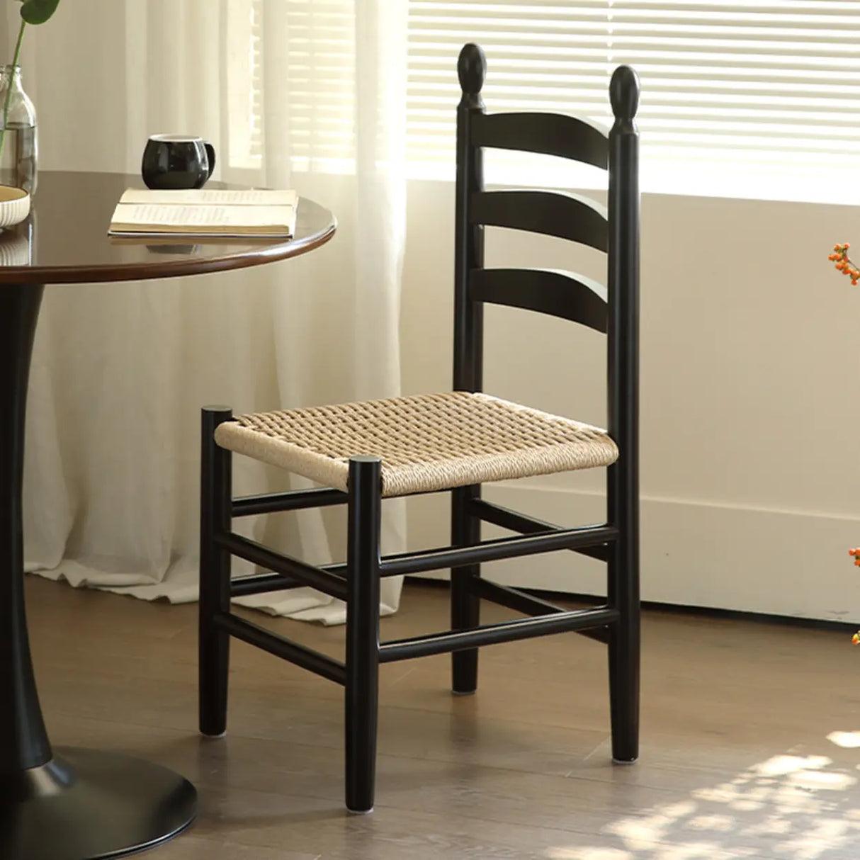 Natural Ladderback Woven Seat Wood Dining Chair Black Image - 1