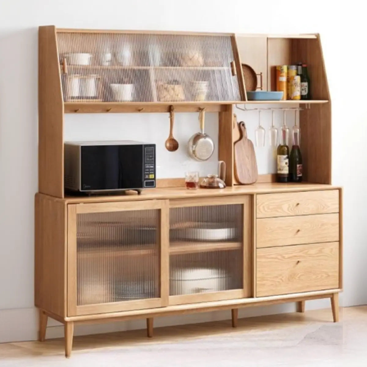Natural Oak Sliding Door Open Storage Sideboard with Drawers Image - 1