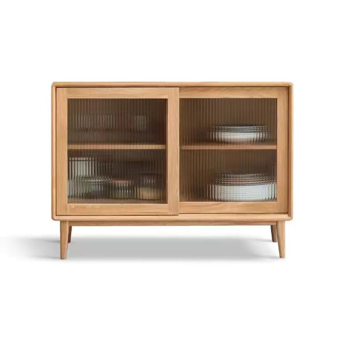 Natural Oak Sliding Door Open Storage Sideboard with Drawers Image - 10